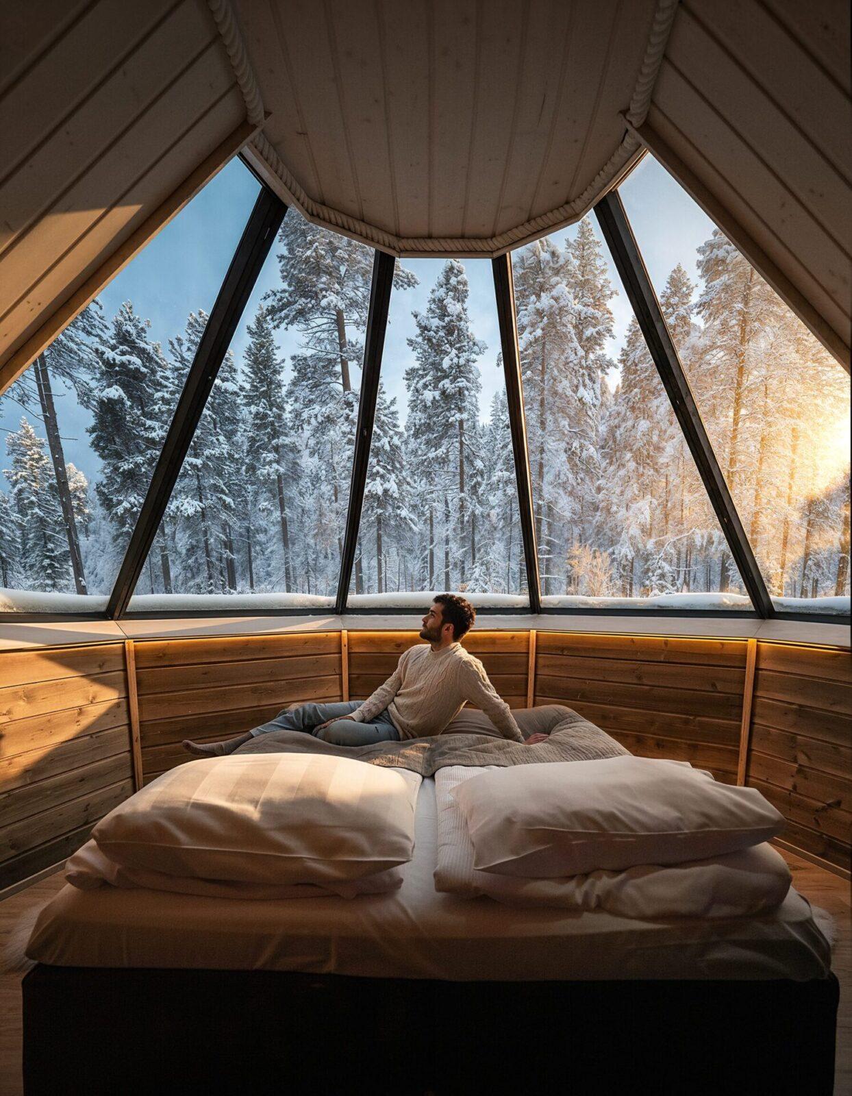 A guest on the bed of a glass cabin, snow-covered pines through the windows